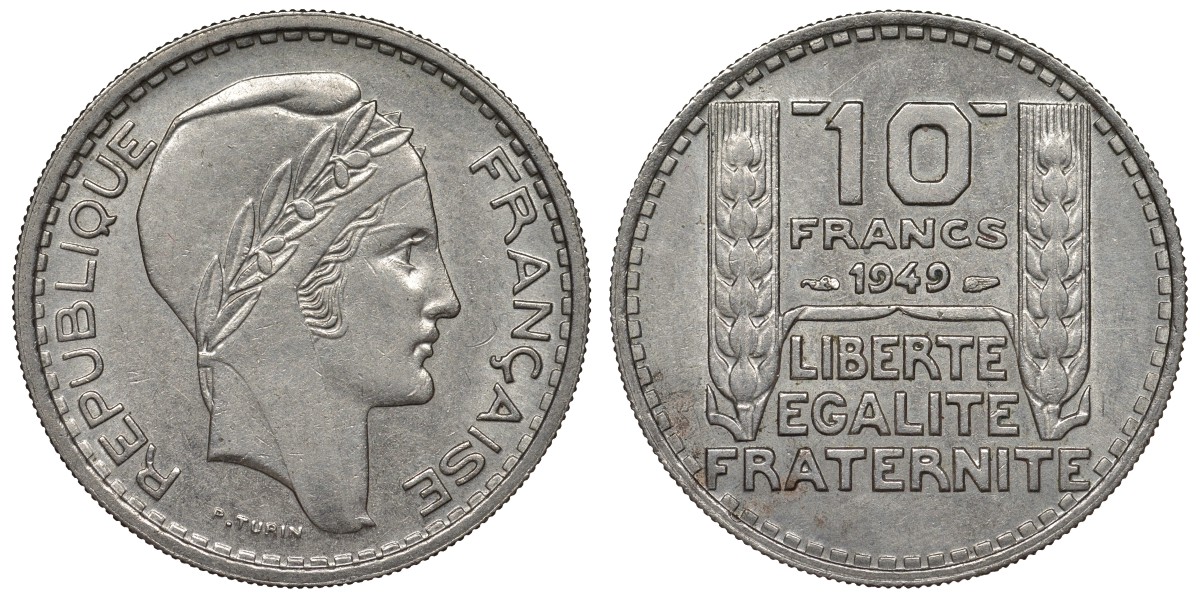 Франция 10 франков 1949 тип Пьер Турин KM 909.1, Le Franc 362.6 медно-никель 4123-545