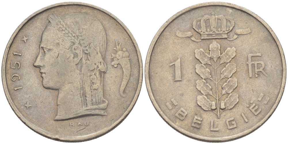 БЕЛЬГИЯ 1 ФРАНК 1951 BELGIE, БОДУЭН I (1951-1993) KM 143.1 медно-никель 202-944