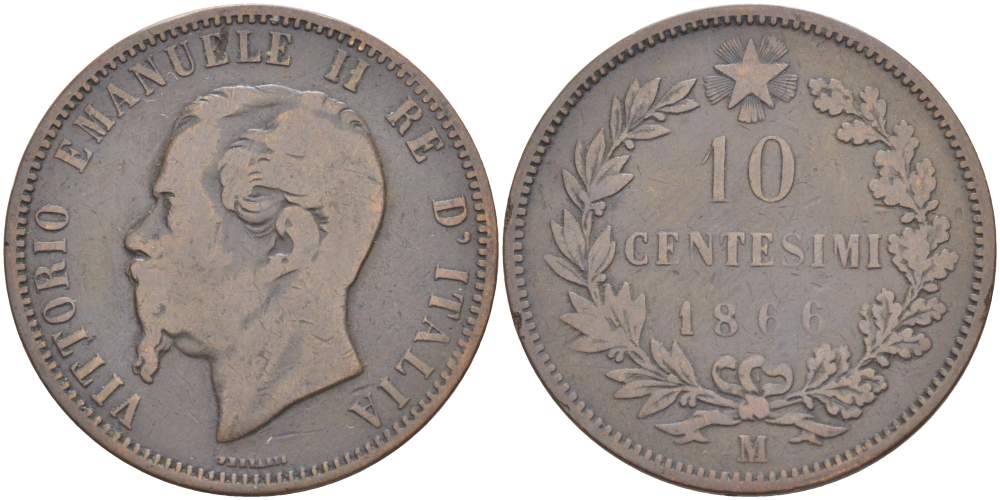 ИТАЛИЯ 10 ЧЕНТЕЗИМО 1866 M, МОНДВОР МИЛАН, ВИКТОР ЭММАНУИЛ II (1861-1878) KM 11.1 медь 4526-744