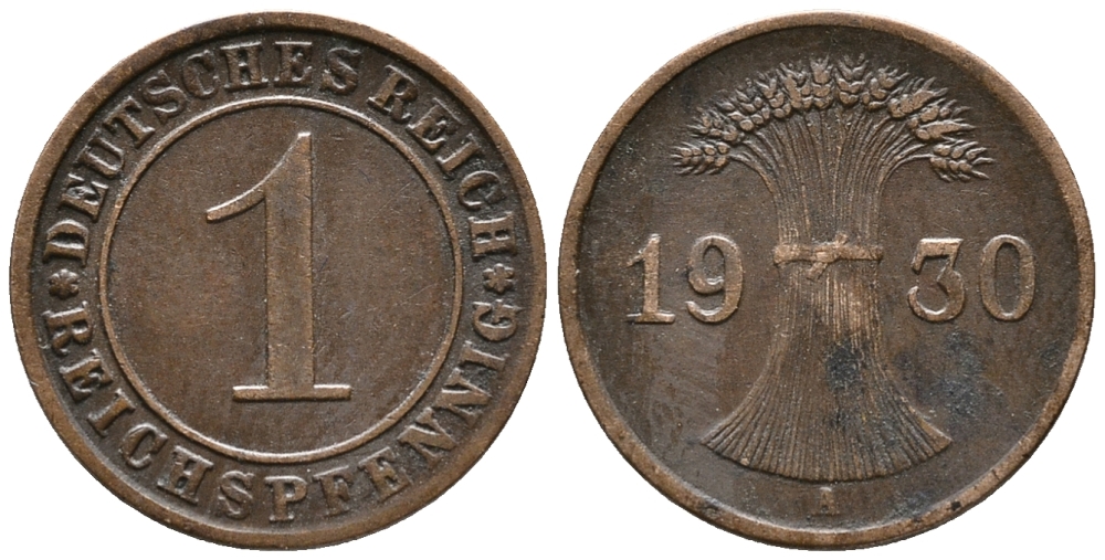 ГЕРМАНИЯ 1 РЕЙХСПФЕННИГ 1930 A KM 37, J. 313 бронза 39-1049