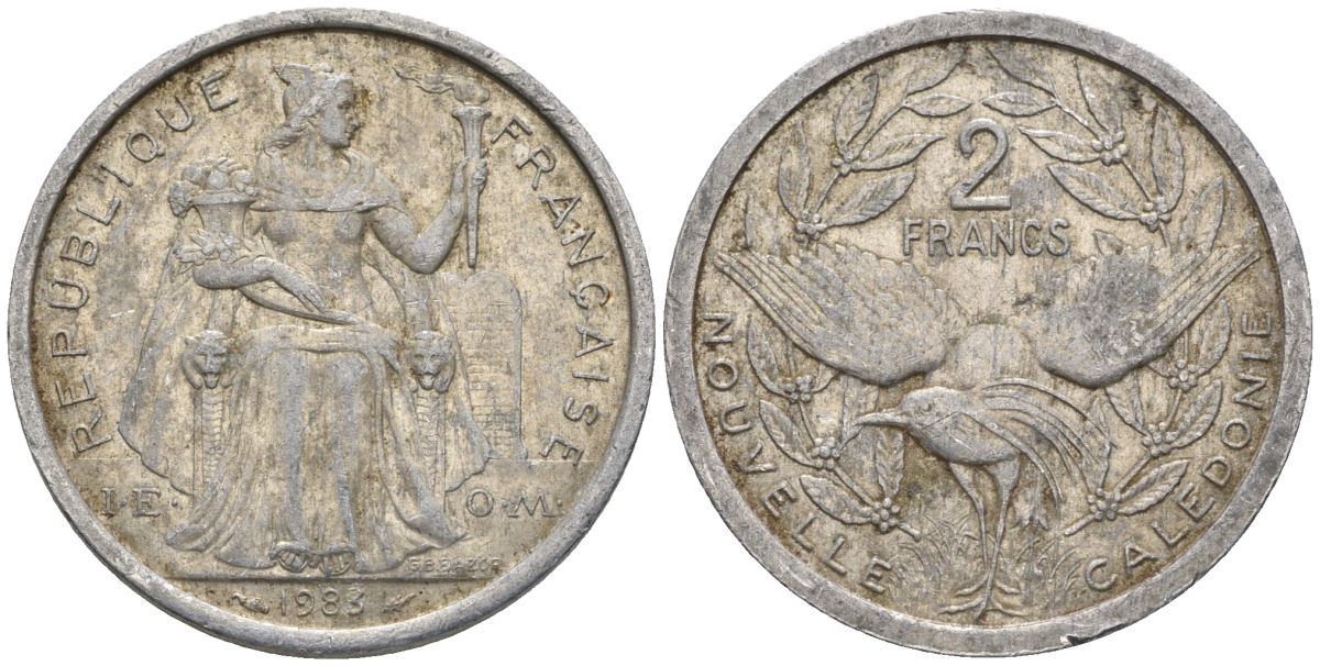 Французская Новая Каледония 2 франка 1983 птица кагу, (IEOM) KM 14, Schoen 11, Lec 63 алюминий    27-557
