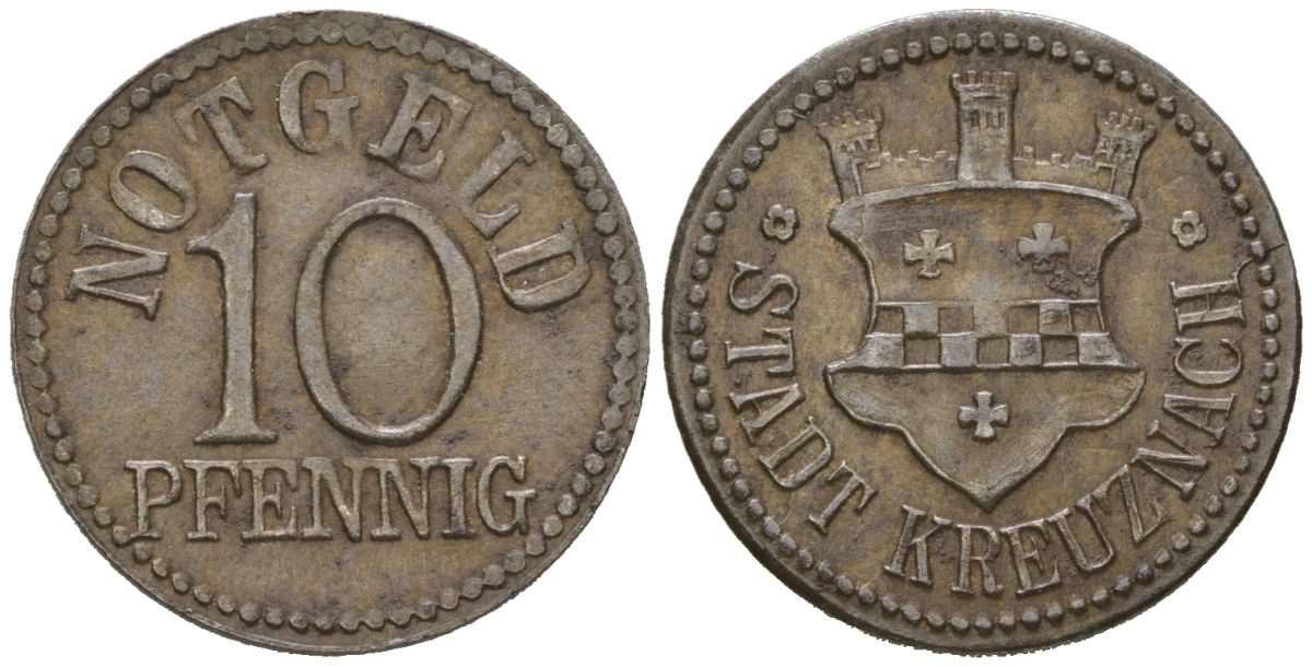 Кройцнах (Пруссия, Рейн) 10 пфеннингов ND Funck 259.1, Men18 17446.1 железо 4586-1047