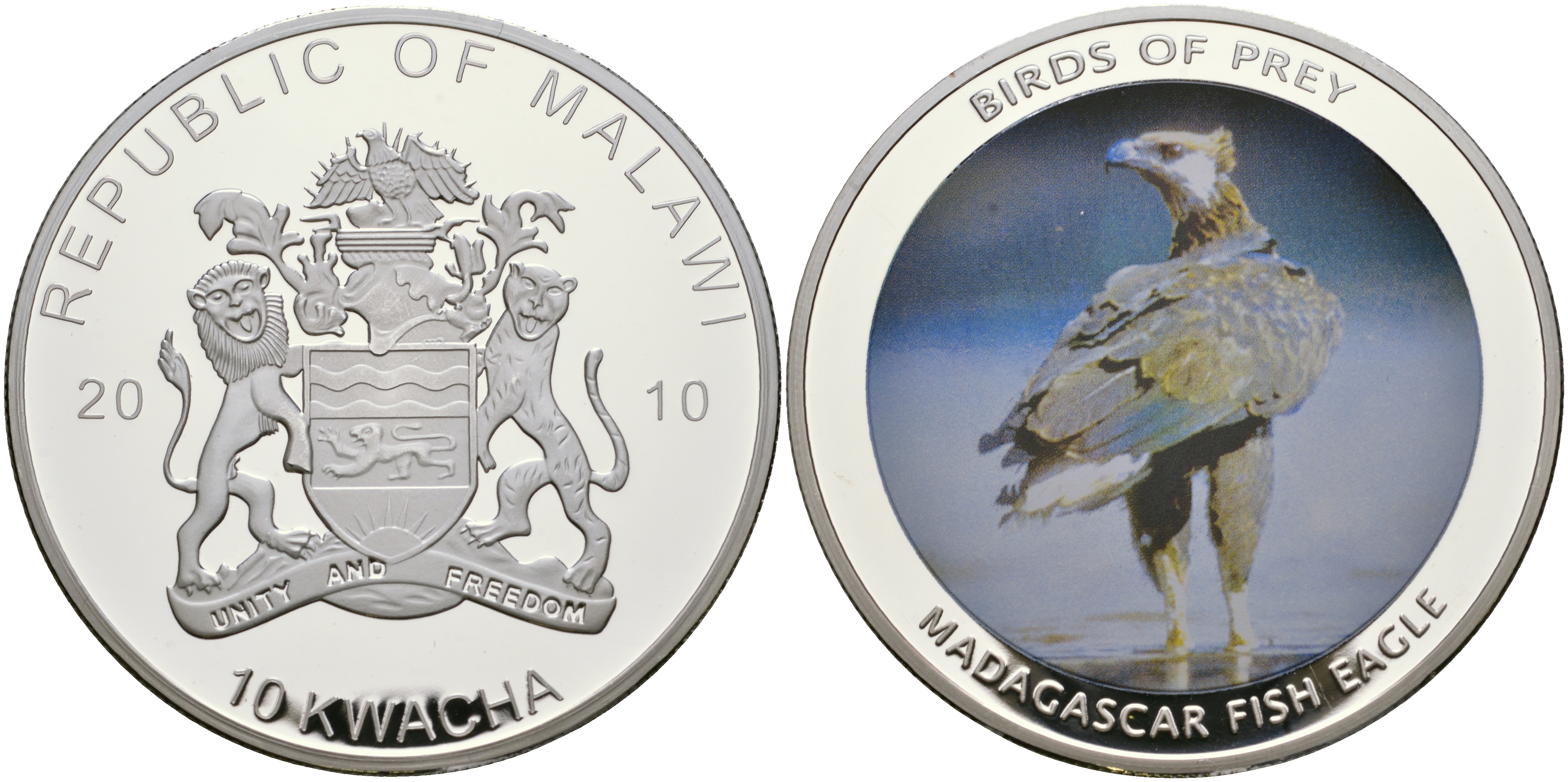 Малави 10 квача 2010 хищные птицы, мадагаскарский рыбный орел, цветная эмаль, диаметр 50 мм PROOF 05-089-32