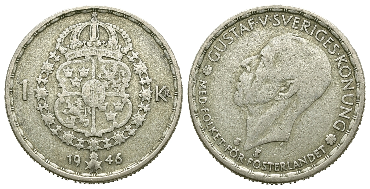 Швеция 1 крона 1946 TS, Густав V (1907-1950) KM 814 серебро 4385-515