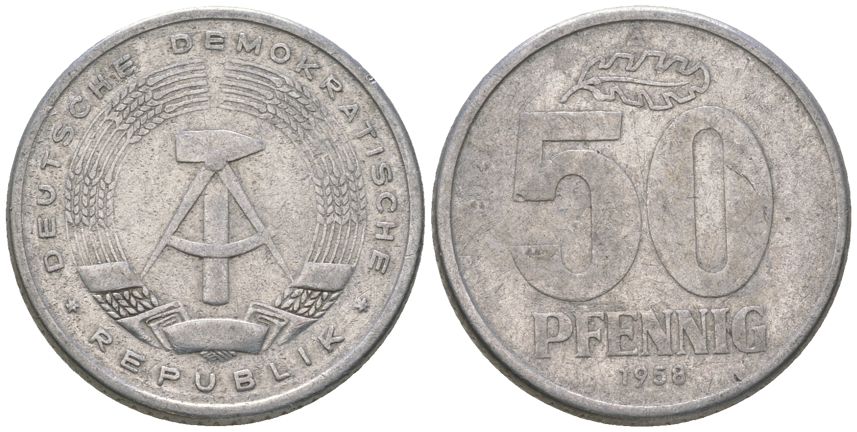 ГДР 50 пфеннигов 1958 А алюминий 4635-831