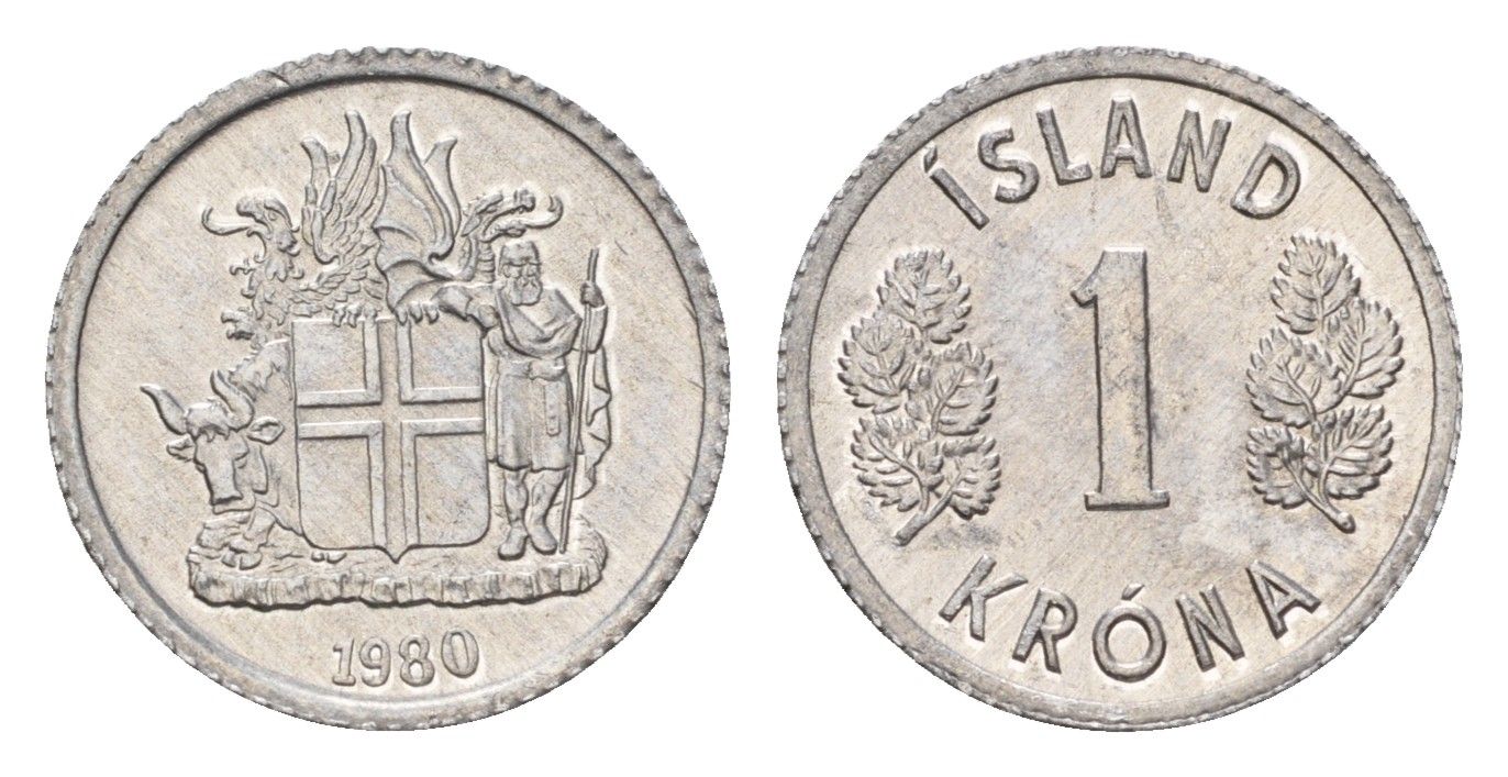 Исландия 1 крона 1980 KM 23 алюминий UNC 4687-819