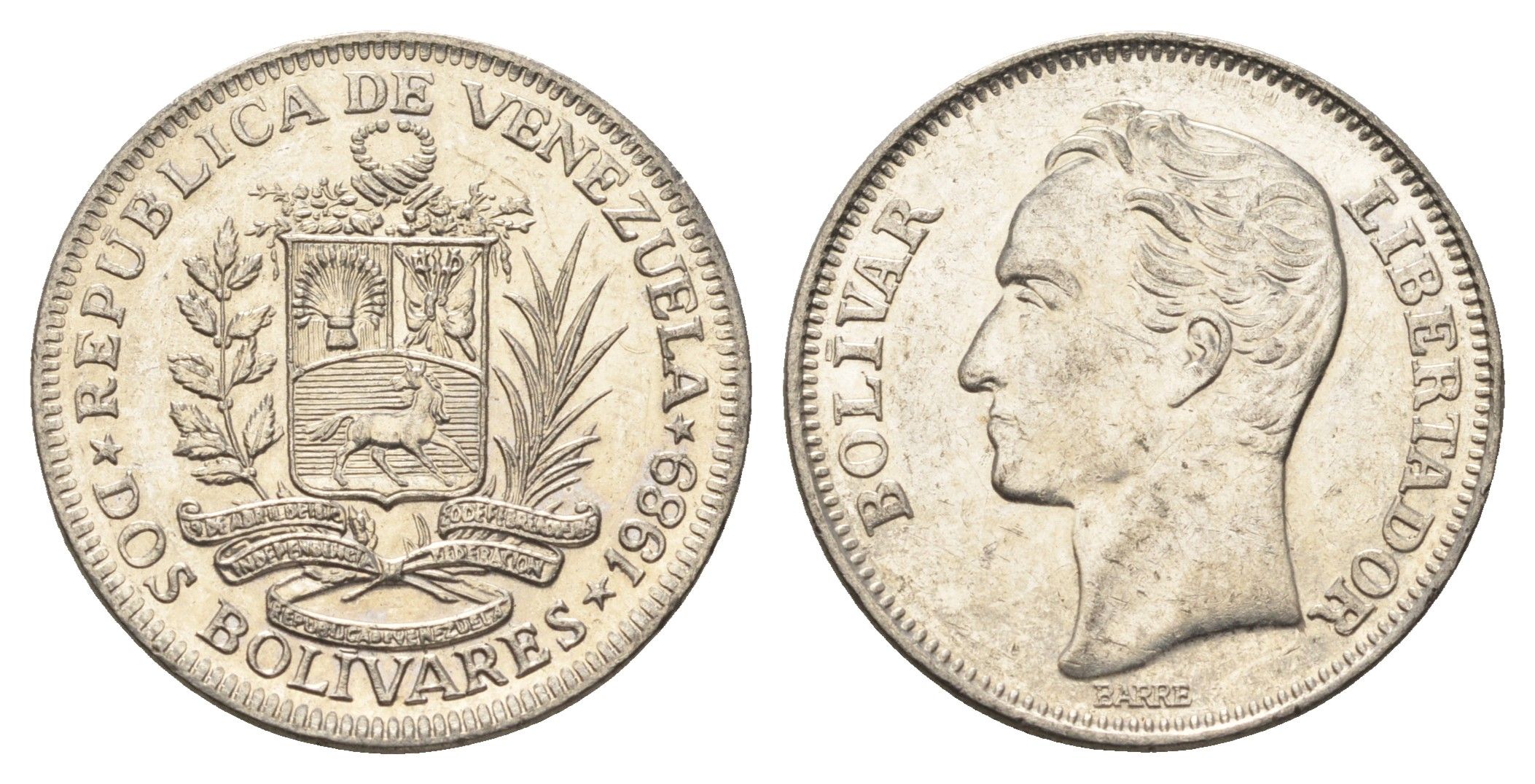 Венесуэла 2 боливара 1989 Симон Боливар Y 43a сталь плакированная никелем 4662-941