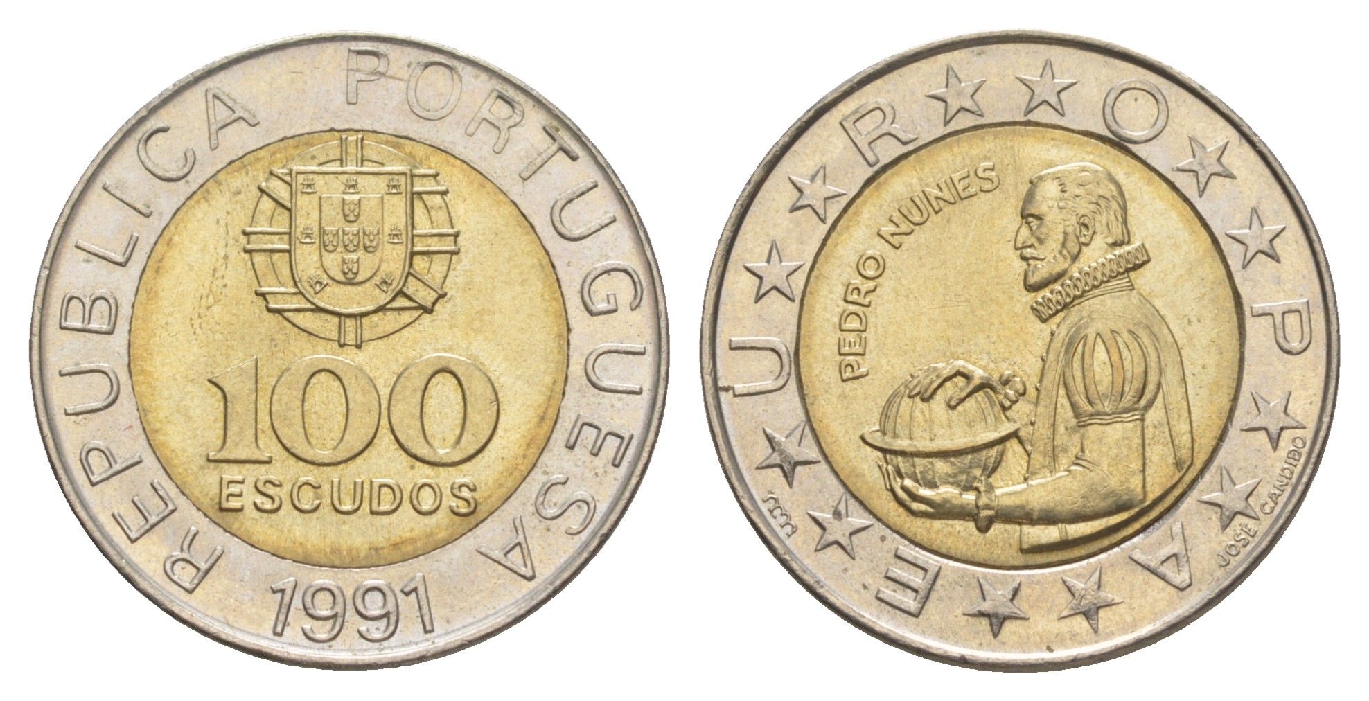 Португалия 100 эскудо 1991 Педру Нуниш (1502-1578), математик KM 645 биметалл aUNC 4388-332