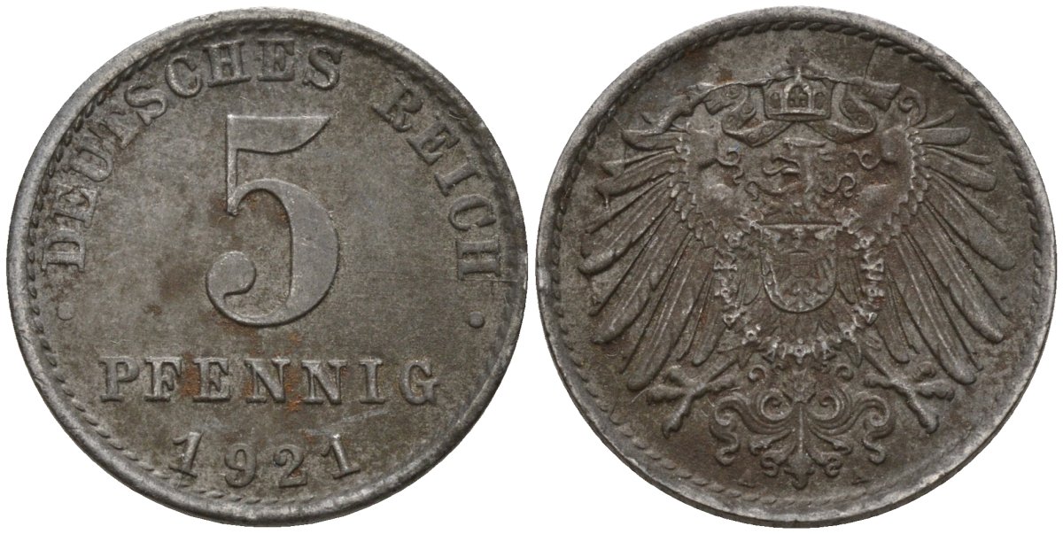 Германия 5 пфеннигов 1921 A KM 19, J. 297 железо 4151-638