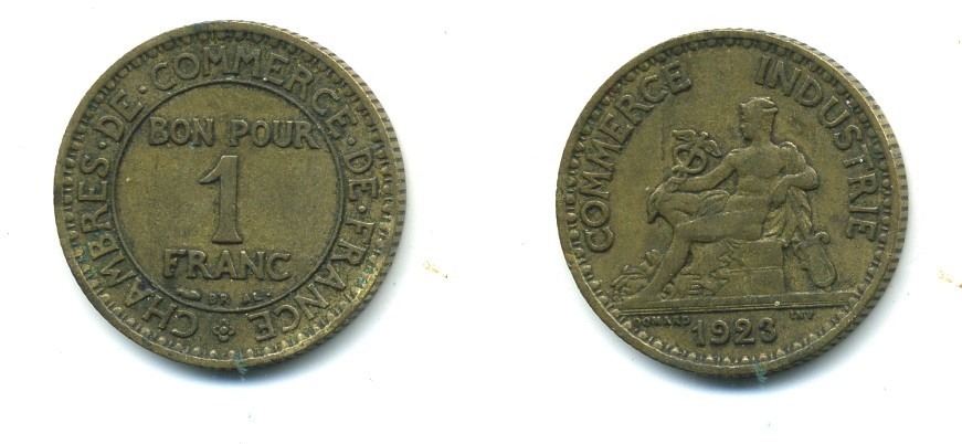 ФРАНЦИЯ 1 ФРАНК 1923 CHAMBRES DE COMMERCE KM 876, LE FRANC 218.5 алюминиевая бронза 84-423