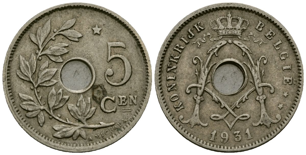 Бельгия 5 сантимов 1931 Belgie KM 67 медно-никель 4173-333