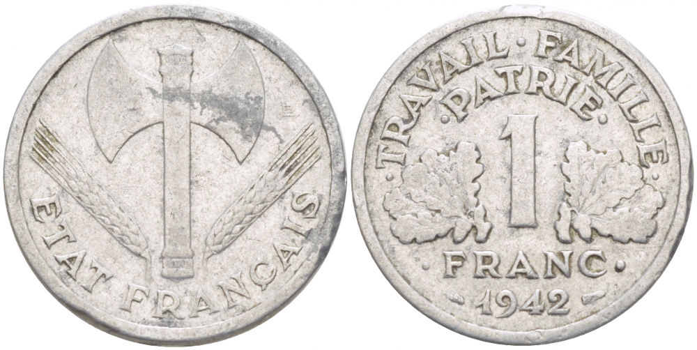 ФРАНЦИЯ 1 ФРАНК 1942 LB, ТИП LOURDЕ, ПРАВИТЕЛЬСТВО ВИШИ KM 902.1, LE FRANC 222.2 алюминий 77-916