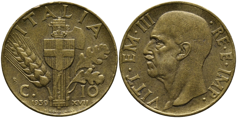 Италия 10 чентезимо 1939 R, Виктор Эммануил III (1900-1946), VII год KM 74а алюминиевая бронза 4175-321