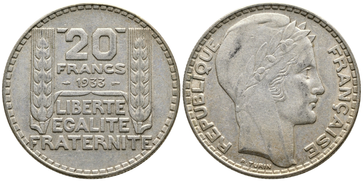 Франция 20 франков 1933 Пьер Тюрен KM 879, Le Franc 400.3 серебро 4386-421
