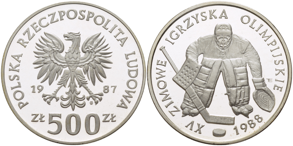 Польша 500 злотых 1987 MW, XV зимние Олимпийские игры 1988 года в Калгари, хоккей с шайбой, вратарь KM 172, Parchimowicz 330 серебро PROOF 1085-1-75