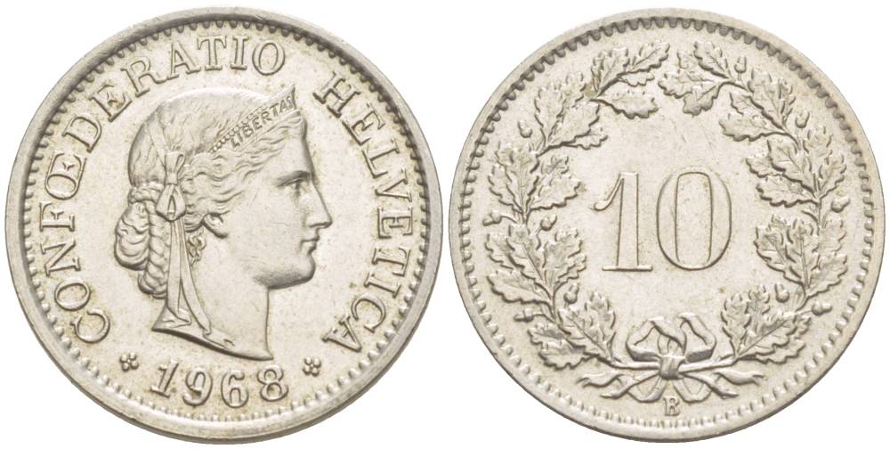 ШВЕЙЦАРИЯ 10 РАППЕНОВ 1968 В KM 27 медно-никель 4529-253