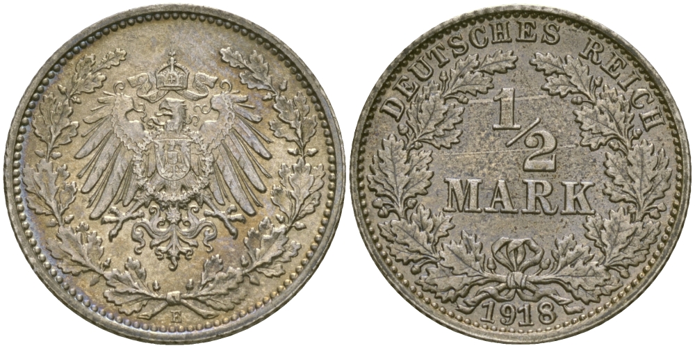 ГЕРМАНИЯ 1/2 МАРКИ 1918 E J. 16, KM 17 серебро UNC 65-311