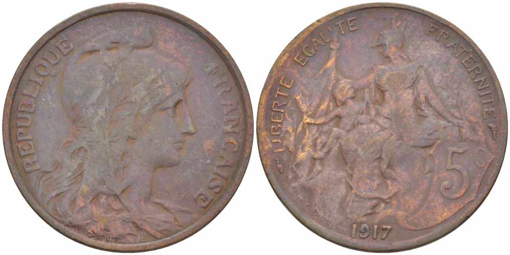 ФРАНЦИЯ 5 САНТИМОВ 1917 ТИП ДАНИЭЛЬ ДЮПЮИ KM 842, LE FRANC 119.30 бронза 108-1016