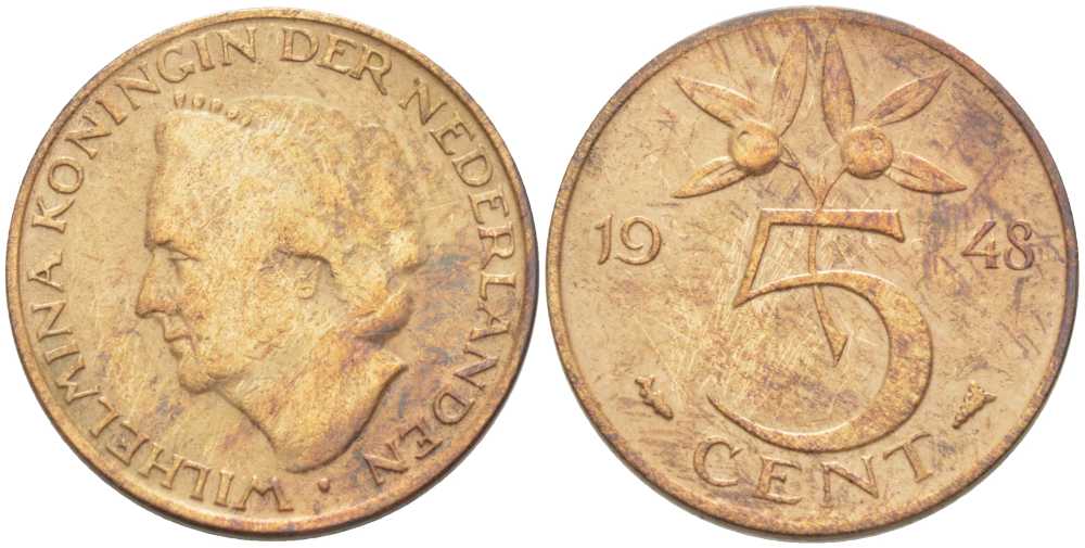 НИДЕРЛАНДЫ 5 ЦЕНТОВ 1948 ВИЛЬГЕЛЬМИНА (1890-1948) KM 176 бронза 212-1031
