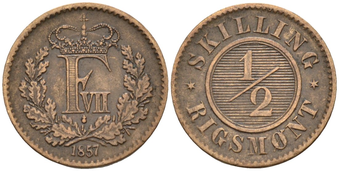 Дания 1/2 скиллинга ригсмонт 1857 Фредерик VIII (1848-1863) KM 767 бронза 188-1239