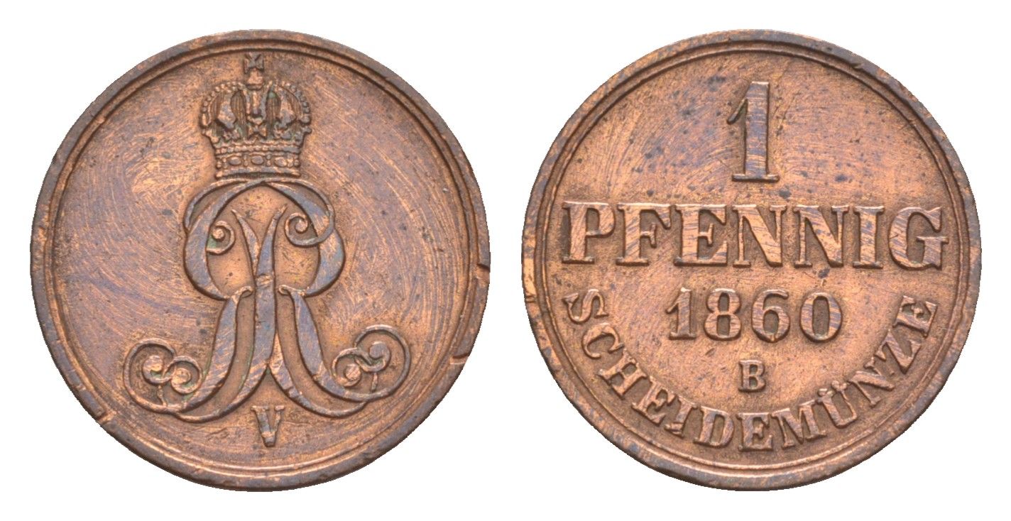 Ганновер 1 пфенниг 1860 B, Георг V (1851-1866) KM 233, AKS 156, J. 90 медь    4658-1061