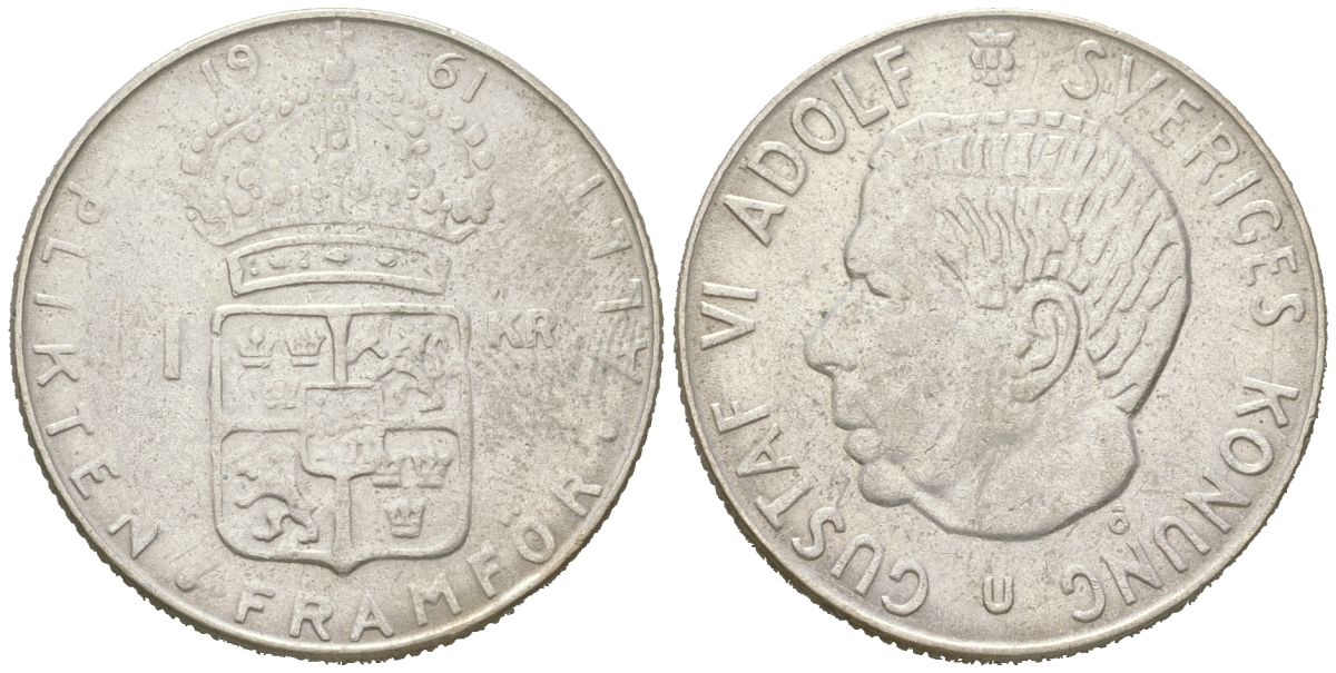 Швеция 1 крона 1961 U, Густав VI Адольф (1950-1973) KM 826 серебро aUNC 68-743