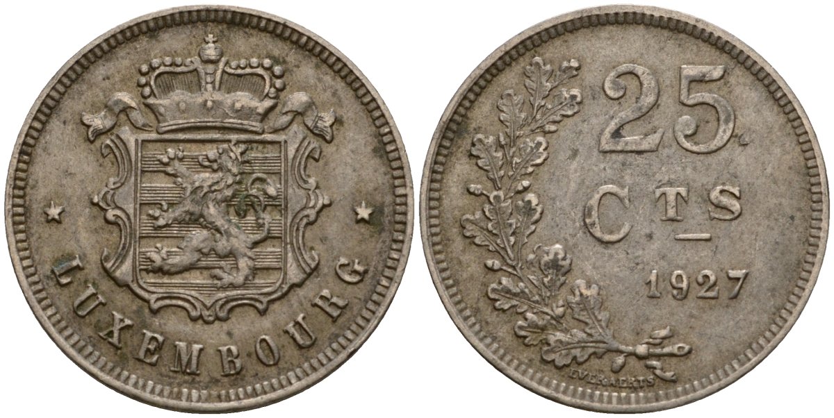 Люксембург 25 сантимов 1927 Шарлотта (1918-1964) KM 37 медно-никель 4577-921