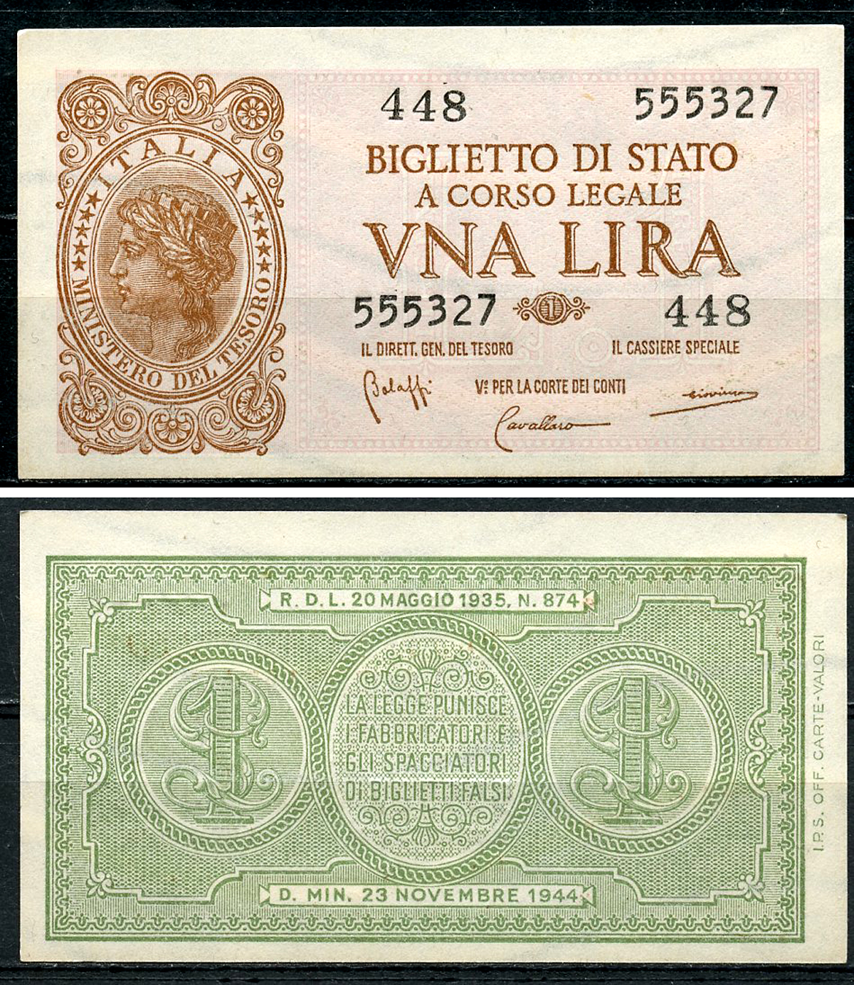 Италия 1 лира 1944 подписи Bolaffi, Cavallaro, Giovinco Pick 29 b, Grapanzano BS 8  бумага  aUNC 8614-12-2-1