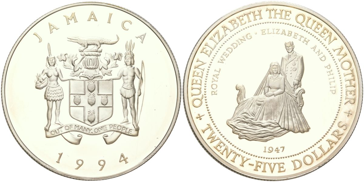 Ямайка 25 долларов 1994 Королевская свадьба Елизаветы и Филиппа - 1947 KM 169 серебро PROOF 01-233-53