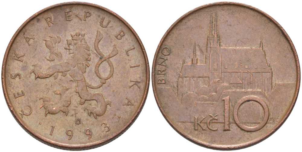 ЧЕХИЯ 10 КРОН 1993 КАФЕДРАЛЬНЫЙ СОБОР ГОРОДА БРНО KM 4 сталь плакированная медью 61-1124
