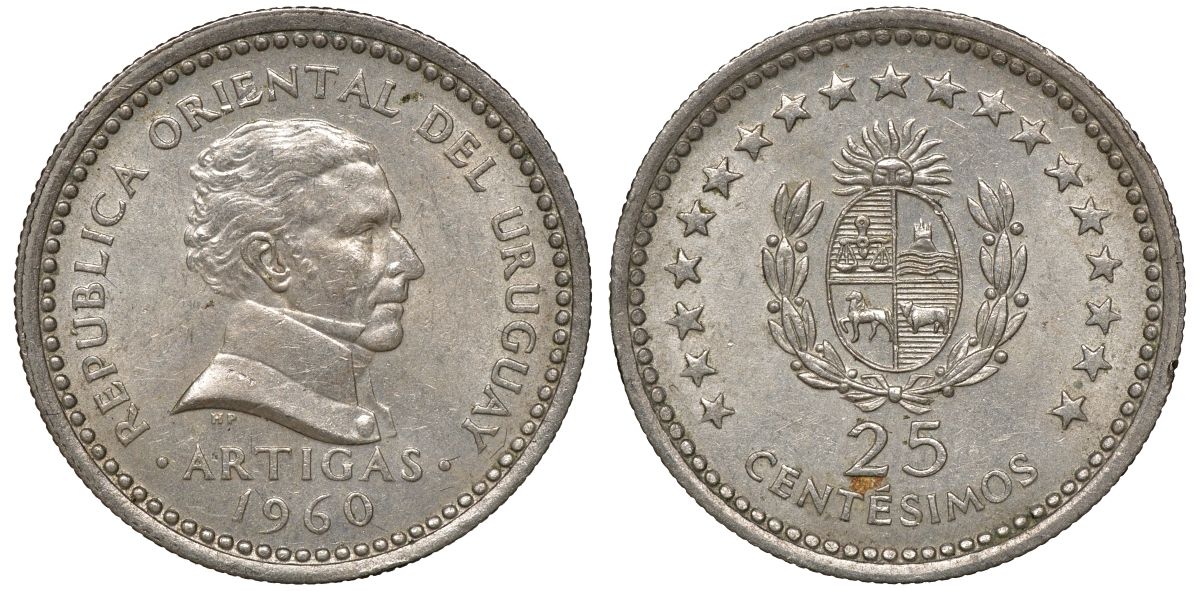 Уругвай 25 сентесимо 1960 KM 40 медно-никель 4169-937