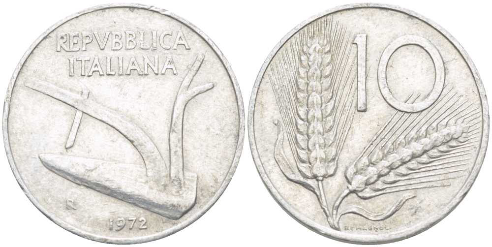 ИТАЛИЯ 10 ЛИР 1972 R, ПЛУГ, КОЛОСЬЯ KM 93 алюминий 175-417