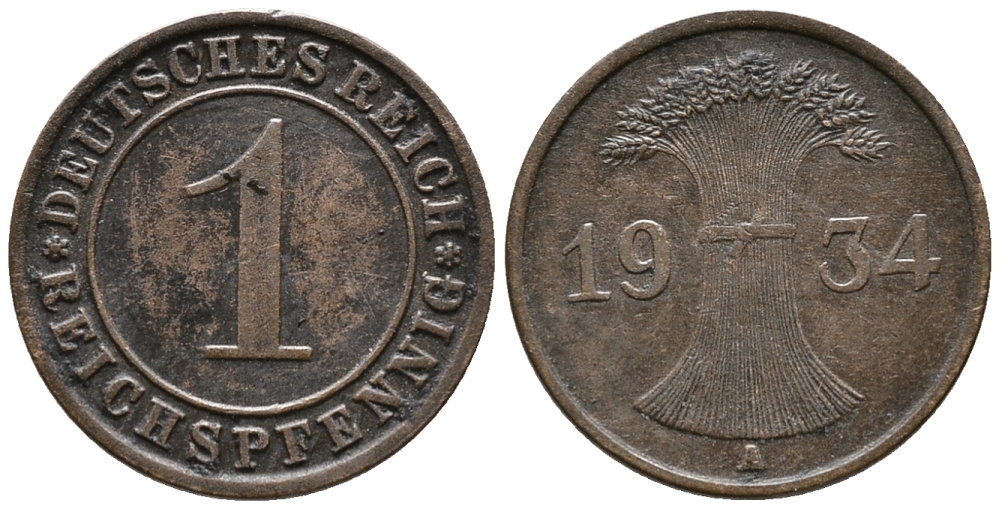 ГЕРМАНИЯ 1 РЕЙХСПФЕННИГ 1934 A KM 37, J. 313 бронза 39-1069