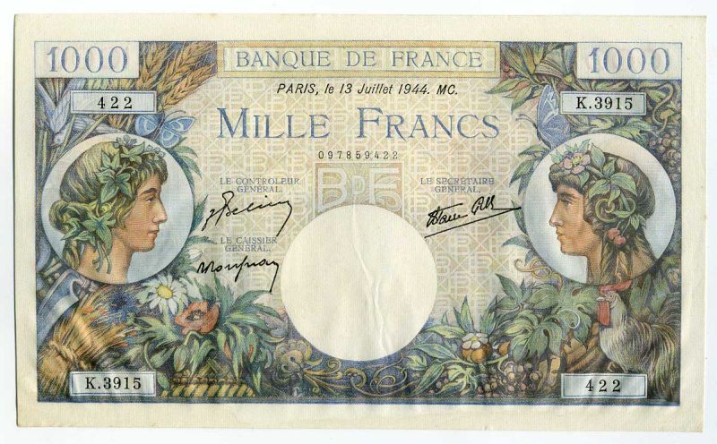 Франция 1000 франков 1944 13 июля 1944, подписи J. Belin, P. Rousseau and R. Favre-Gilly Pick 96b бумага aUNC 451-9-1