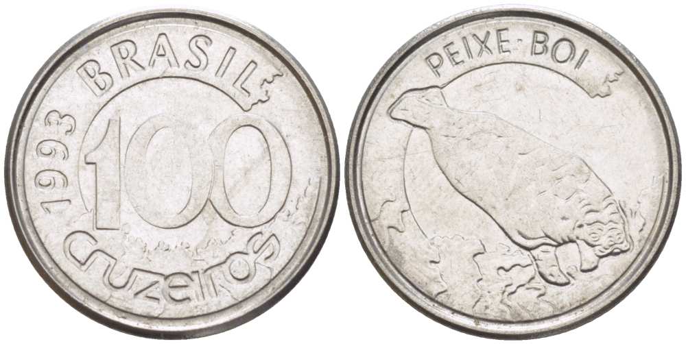 БРАЗИЛИЯ 100 КРУЗЕЙРО 1993 РЕФОРМА 1990-1993, ЛАМАНТИН KM 623 нержавеющая сталь 4396-343