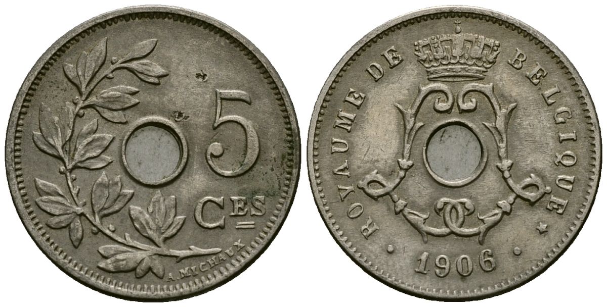 Бельгия 5 сантимов 1906 Belgique KM 54 медно-никель 4173-428