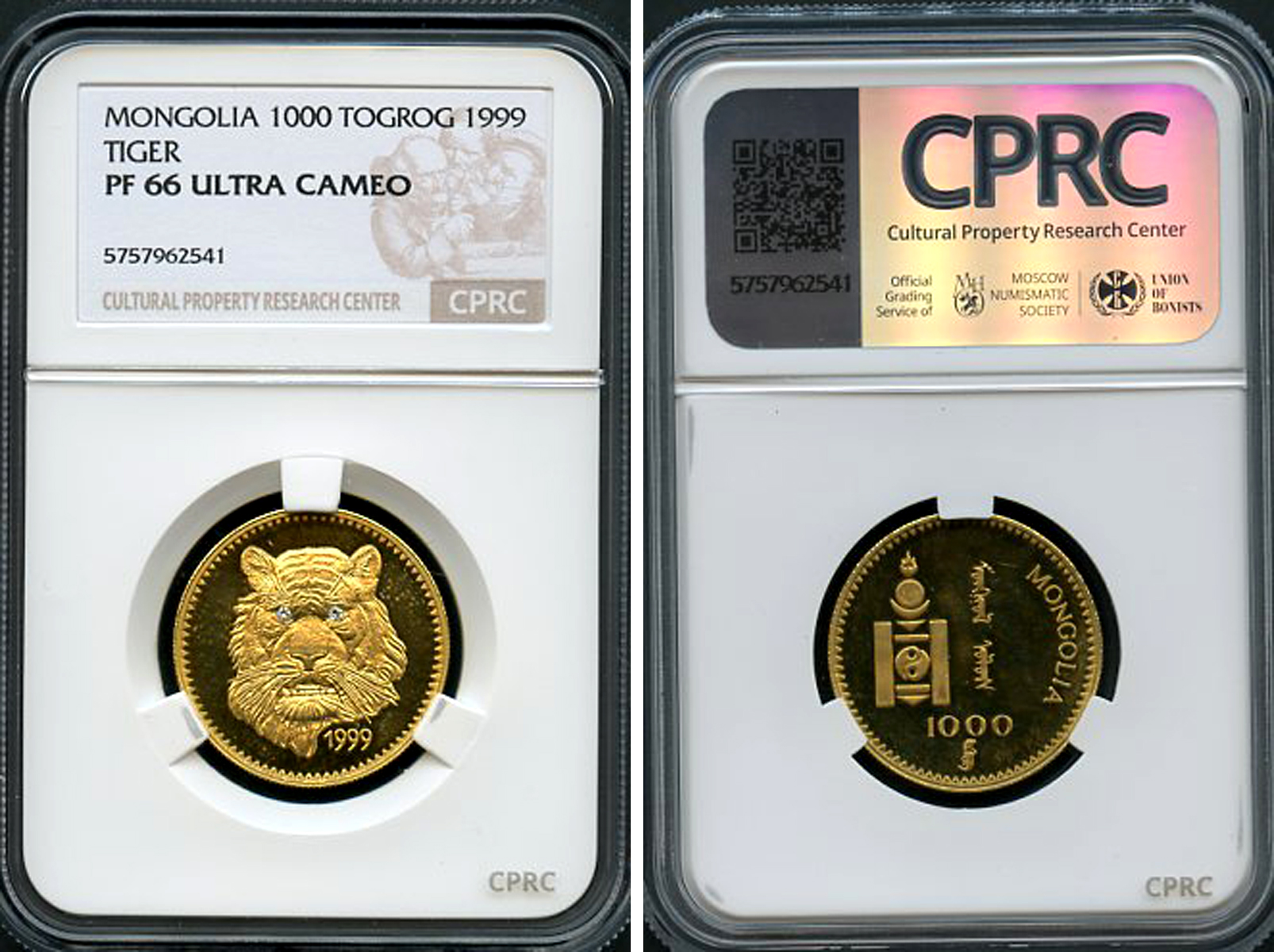 Монголия 1000 тугриков 1999 голова тигра, глаза кристалл, в слабе CPRC сохранность PF 66 Ulta Cameo KM 201 золото  PROOF  15-022-08