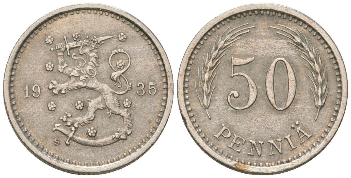 Финляндия 50 пенни 1935 S, редкий год, тираж 610.000 KM 26 медно-никель 4174-1044