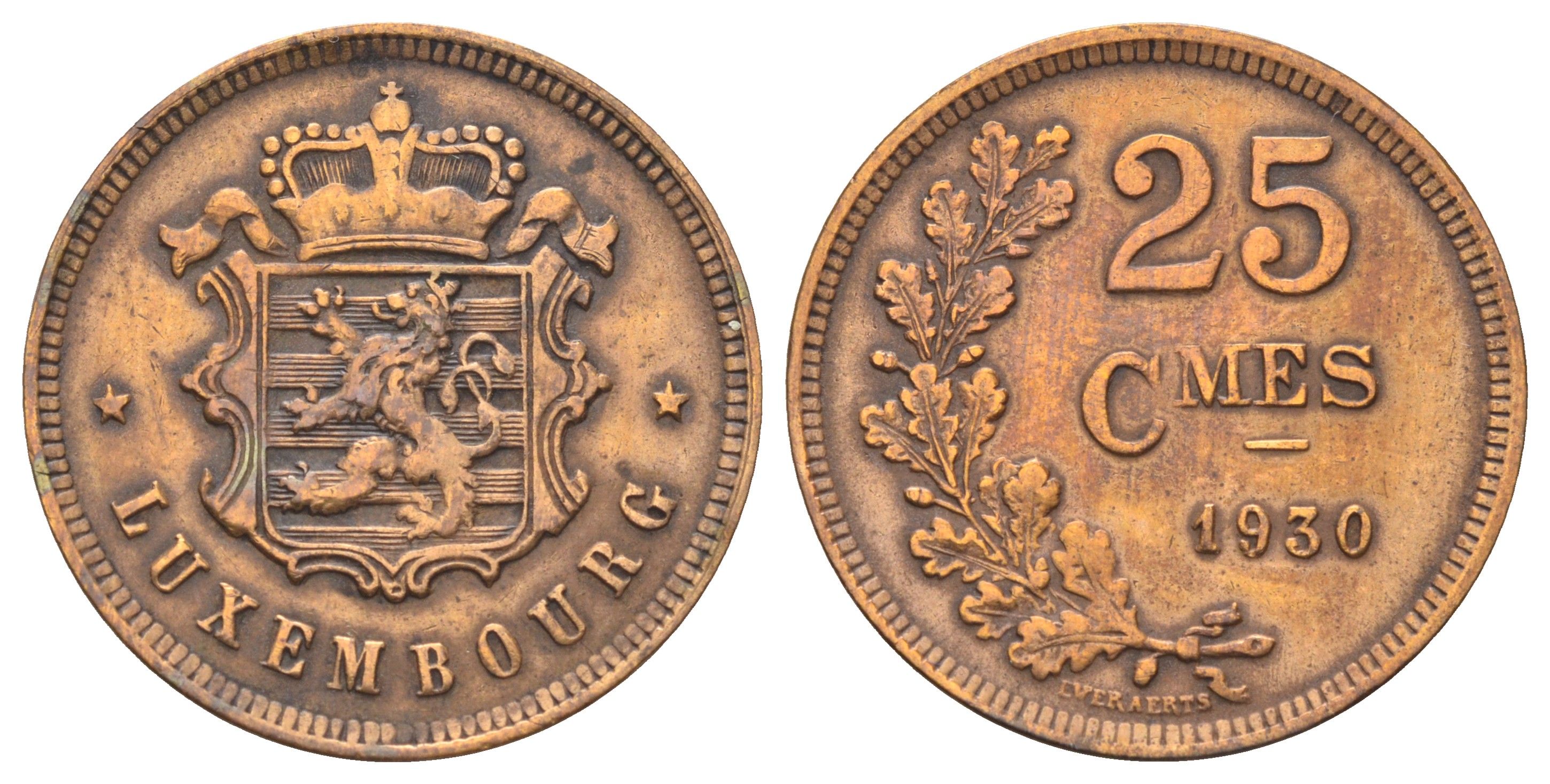 Люксембург 25 сантимов 1930 год-тип, Шарлотта (1918-1964) KM 42 бронза 4646-1147