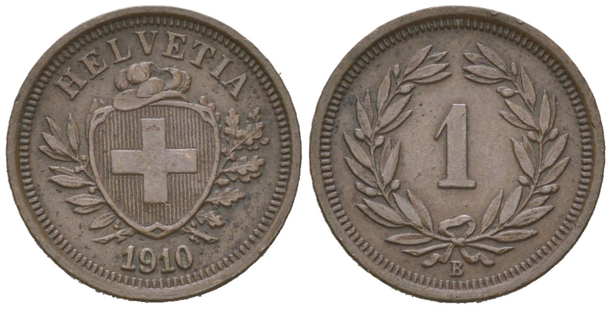 Швейцария 1 раппен 1910 B KM 3 бронза 4532-242