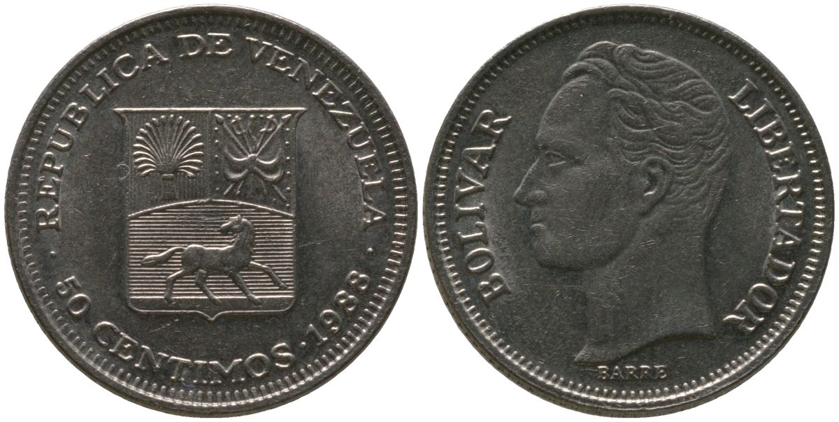 Венесуэла 50 сентимо 1988 Симон Боливар KM 41a сталь плакированная никелем 4525-853