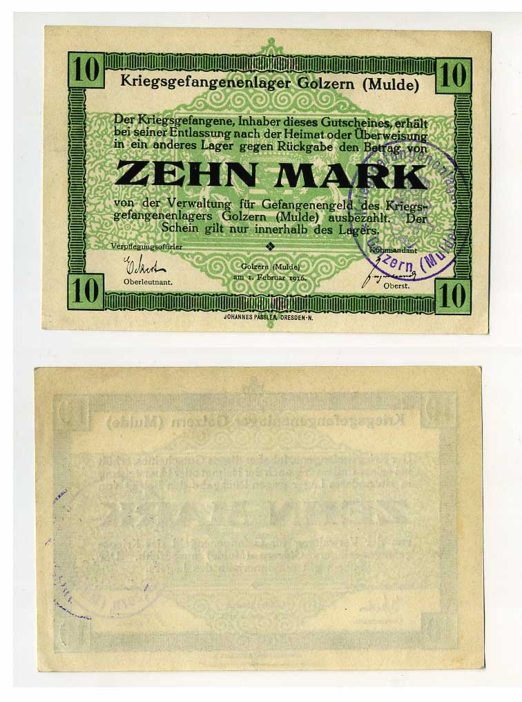 Германия 10 марок 1916 Голцерн (Мюльде), лагерь военнопленных C-3018 бумага aUNC 504-78-2-2