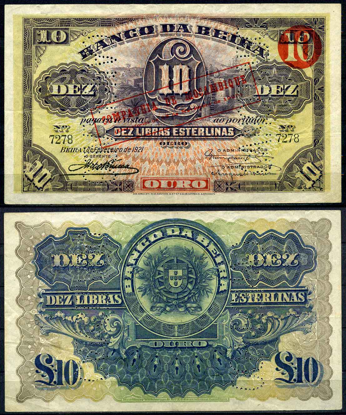 Мозамбик, Португальский 10 либра эстерлино 1929 красная надпечатка на банкноте 1 февраля 1921, временный выпуск, Мозамбикская компания, OURO, перфорация CANCELADO Pick R22  бумага 10-2-25-1