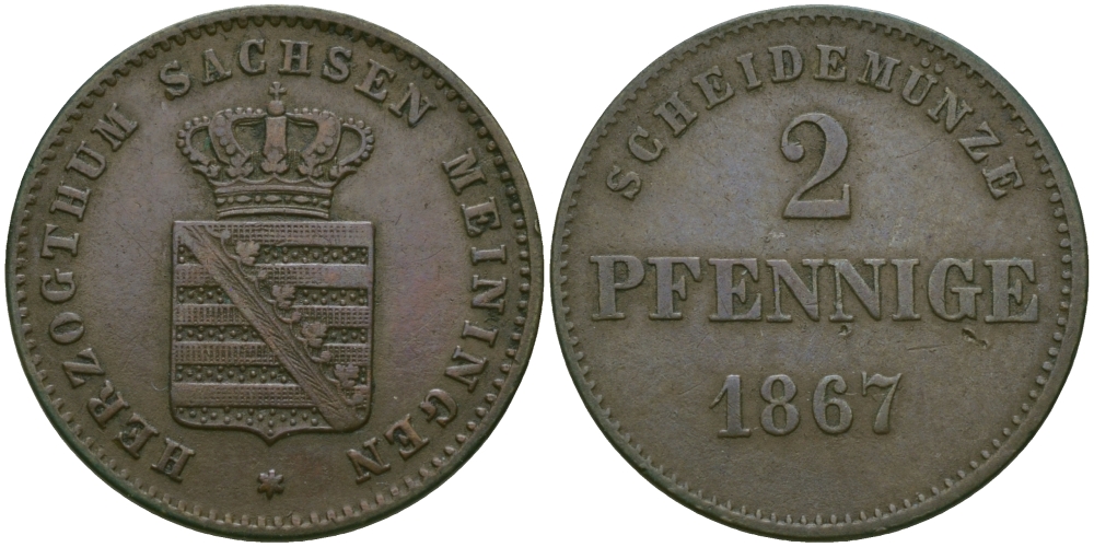 Саксен-Мейнинген 2 пфеннига 1867 Георг II (1866-1914) KM 174 медь 99-654