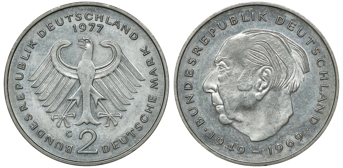 ФРГ 2 МАРКИ 1977 G, ТЕОДОР ХОЙС KM 127, J. 407 медно-никель плакированный никелем плакированный никелем UNC 72-556
