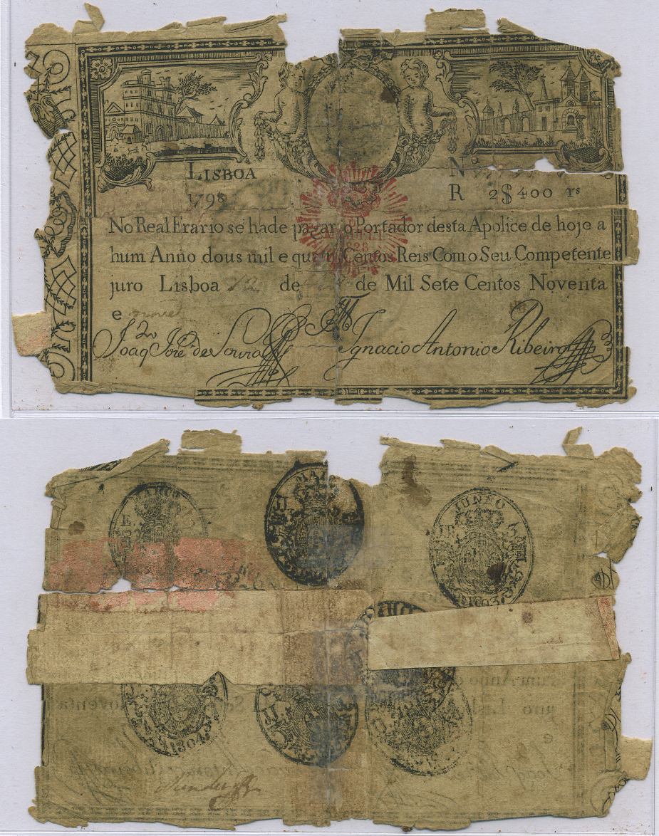 Португалия 2400 рейс 1828 с печатью Мигеля I, подтверждающий стоимость на выпуске 1798 (ревалидационный выпуск 1828 года периода войны "двух братьев") Pick 34  бумага   451-168-2