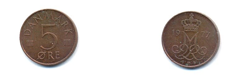 ДАНИЯ 5 ЭРЕ 1977 S; B, МАРГРЕТЕ II (1972-) KM 859.1 железо плакированное медью 4379-754