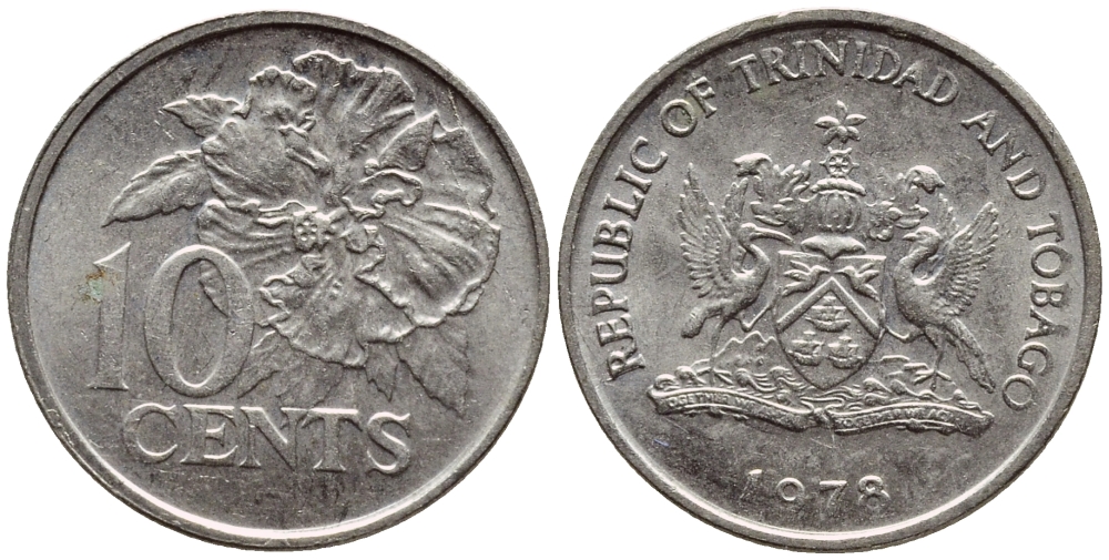 Тринидад и Тобаго 10 центов 1978 цветок гибискуса KM 31 медно-никель 4396-864