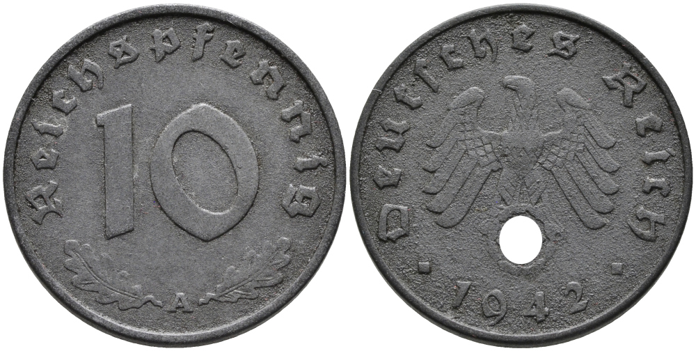 ГЕРМАНИЯ 10 РЕЙХСПФЕННИГОВ 1942 A KM 101, J.371 цинк 95-814