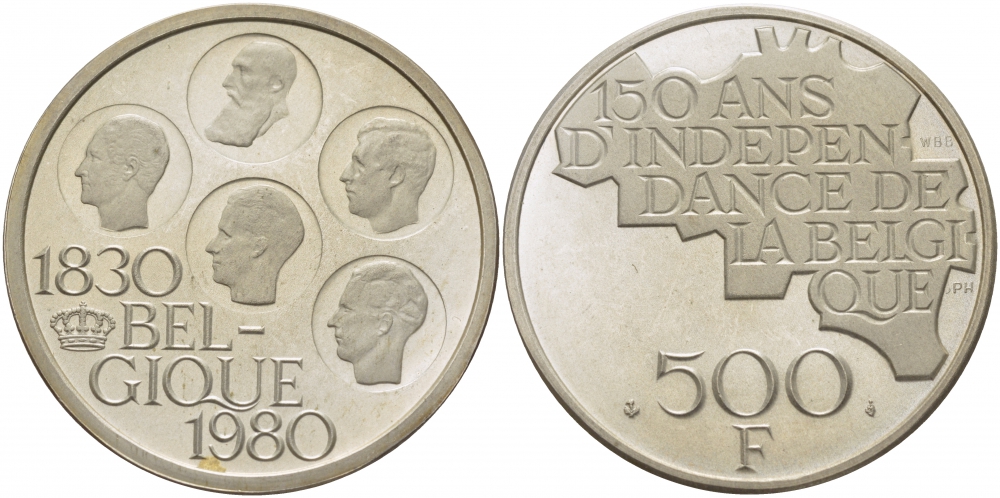 Бельгия 500 франков 1980 150 лет независимости, Belgique, Бодуэн I (1951-1993) KM 161 медно-никель покрытый серебром UNC 107-321